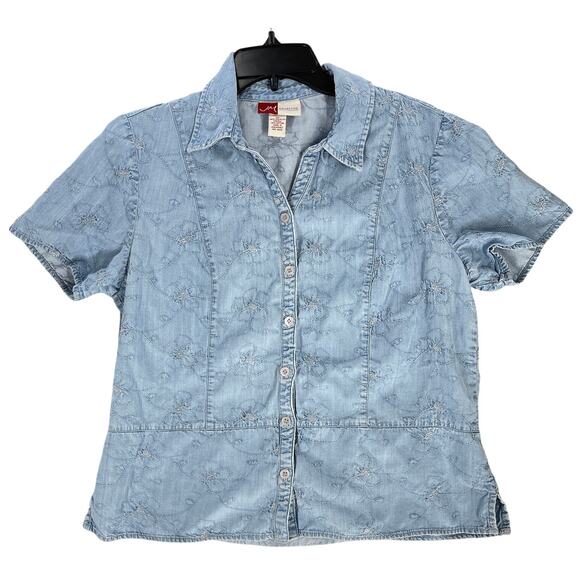 JM Collection Top Women 12 Blue Embroidery Floral Button Up Shirt Short Sleeve - Picture 1 of 5